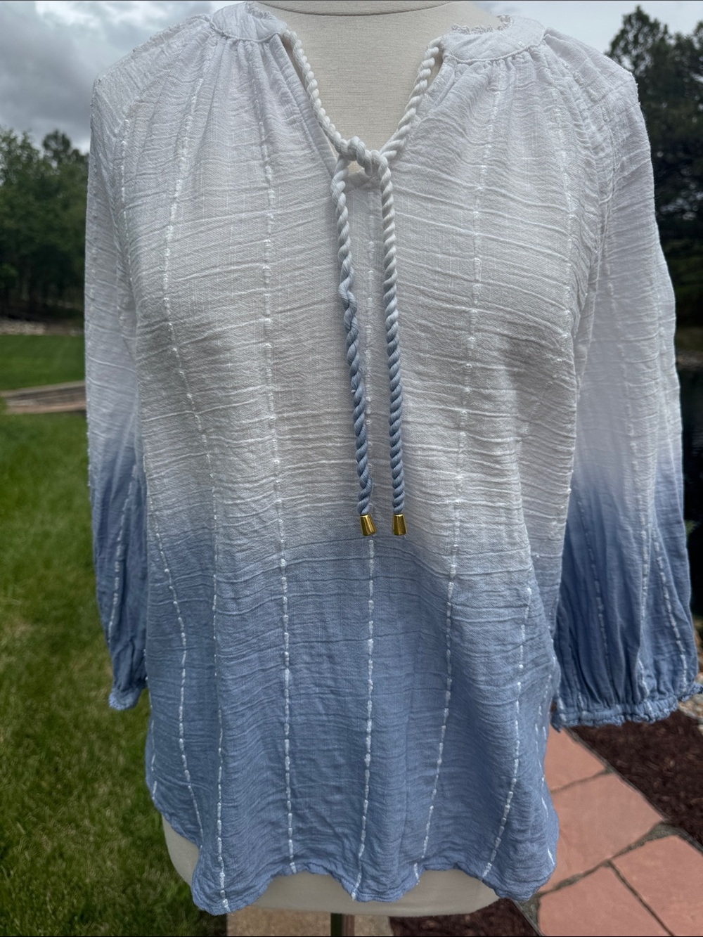 Democracy White to Light Blue Ombre Tie-Neck Peasant Top M-XL